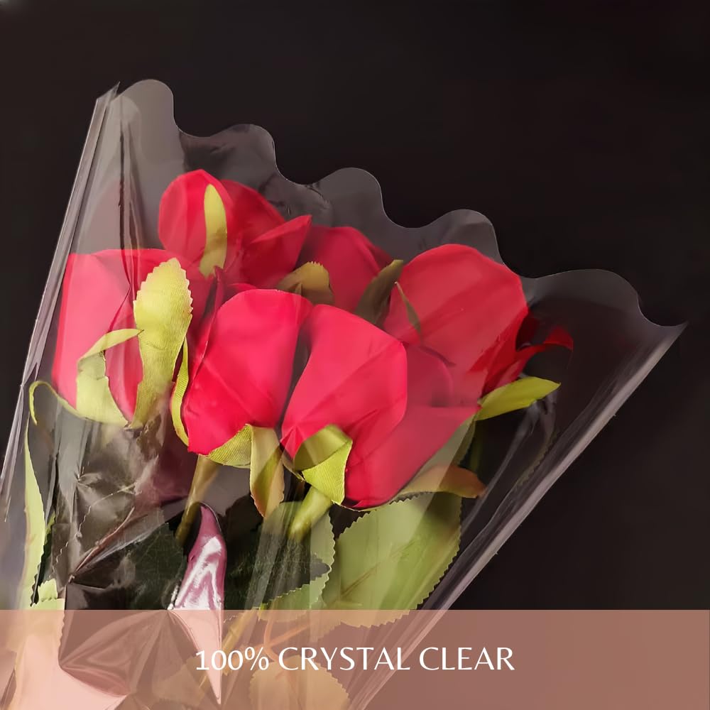 BBJ WRAPS Flower Sleeves for Bouquets Clear Rose Flower Bouquet Packaging Bags Floral Arrangement Supplies, 100 Counts (L)