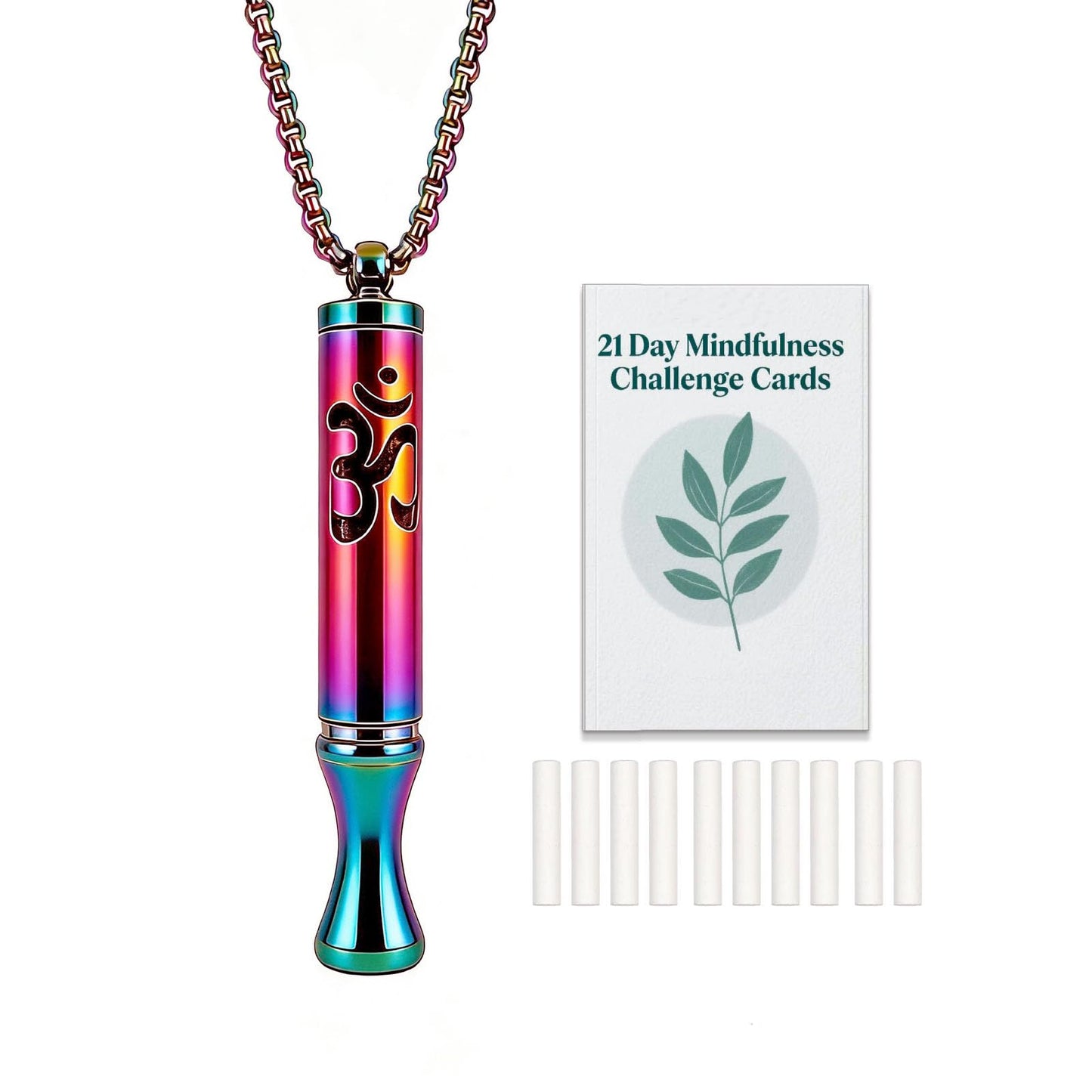 phaxud Stainless Steel Mindful Breathing Necklace with Aromatherapy Diffuser & Guided Meditation Cards, Calming Relaxation Tool for Meditation & Healthy Habit (Necklace with card, Rainbow)