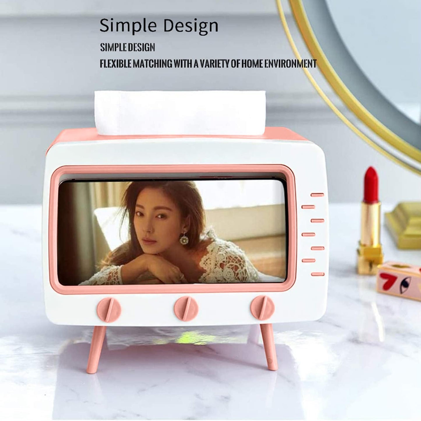 SGVAHY Tissue Box Holder Retro TV Tissue Box Cover Cute and Practical Cell Phone Holder Tampon Holder for Bathroom Kitchen Bedroom Dressers Desks and Tables Night Stands Creative Gift (TV Pink)