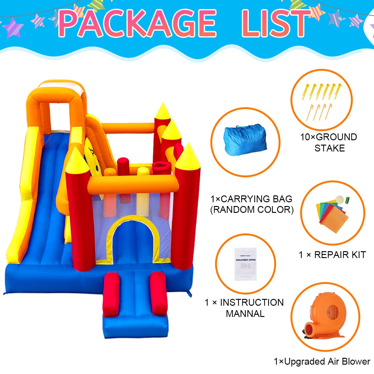 Baralir Inflatable Bounce House with 8.98 * 4.82 Ft Oversized Jump Area, 88'' Extra-Long Slide Kids Bounce House with Climbing Wall, Obstacle Poles & Hoop- Durable & Safe Backyard Fun for Kids