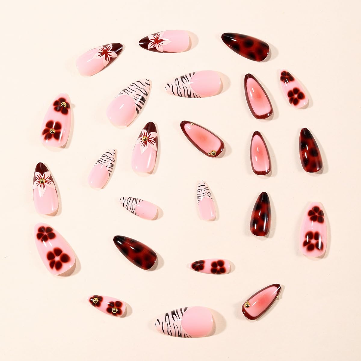 plalely Almond Press on False Nails Brown Press on False Nails with 3D Floral Stick on Nail Tips for Women 24pcs