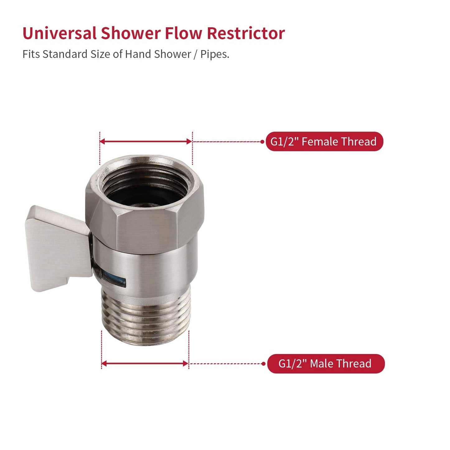 Water Flow Control Shut Off Valve with Brass Adjustable Hand Level Water Pressure Regulator for Hand Held Shower Head & Bidet Sprayer, Brushed Nickel Water Saver G1/2