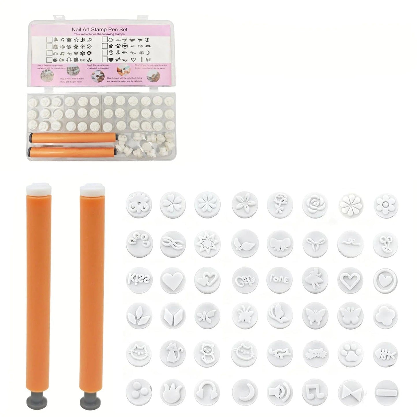 48 Pcs Nail Stamp Pen Set with 2 Ergonomic Handles & 48 Interchangeable Stamp Heads, Floral Butterfly Animal Patterns Nail Art Stamping Kit, Portable Storage Case Included, Design Tools for Women