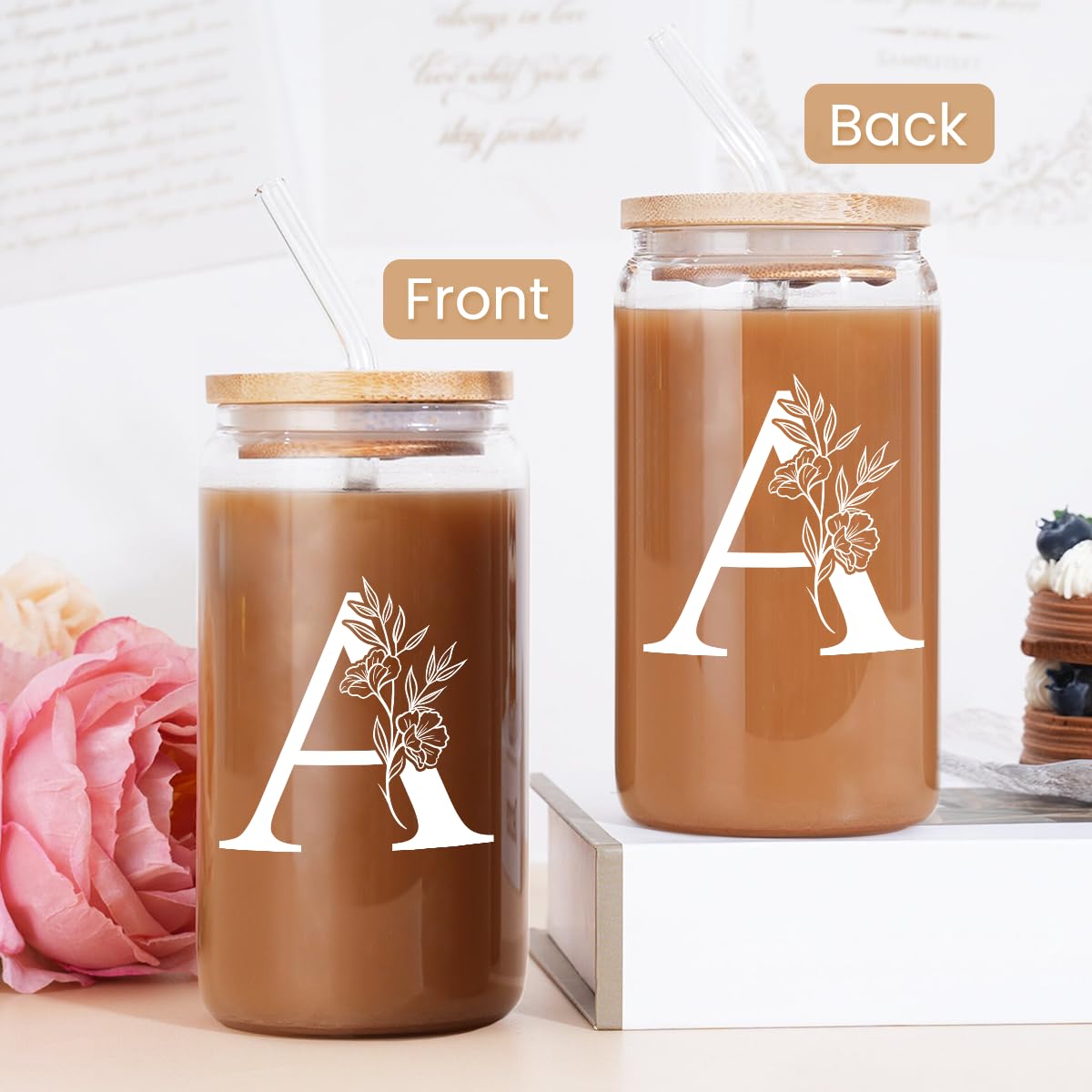 SANDJEST Monogrammed Gifts for Women - Monogram A Initial Glass Cup 16 Oz Can Coffee Cups with Lid and Straw - Monogram Initials Gifts for Womens on Birthday
