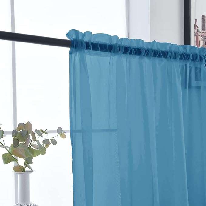 SpaceDresser Basic Rod Pocket Sheer Voile Window Curtain Panels Blue 1 Pair 2 Panels 52 Width 45 Inch Long for Kitchen Bedroom Children Living Room Yard（Blue, 52W x 45L）