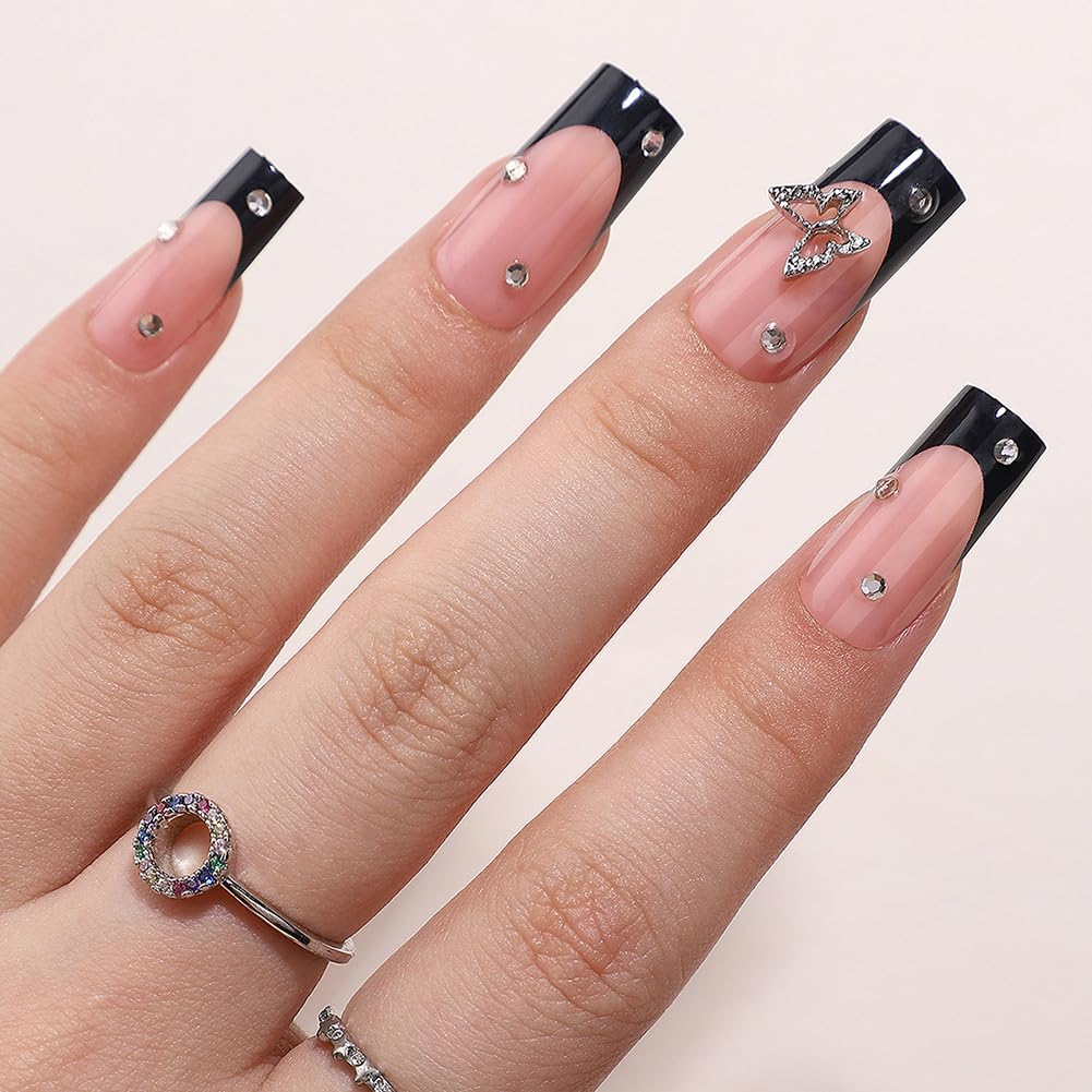WAFOLOZE Black French Tip Press On Nails - Long Square Fake Nails With Glue, 16 Sizes - 32Pcs False Tips Kit, Stick On Artificial Nails for Women