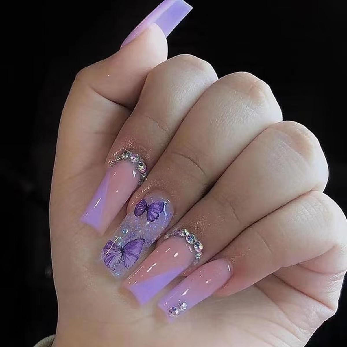 Medium Press on Nails Coffin - Purple Fake Nails with Butterfly Design - Rhinestone, Ombre Full Cover Stick on False Nails -for Women 24 Pcs