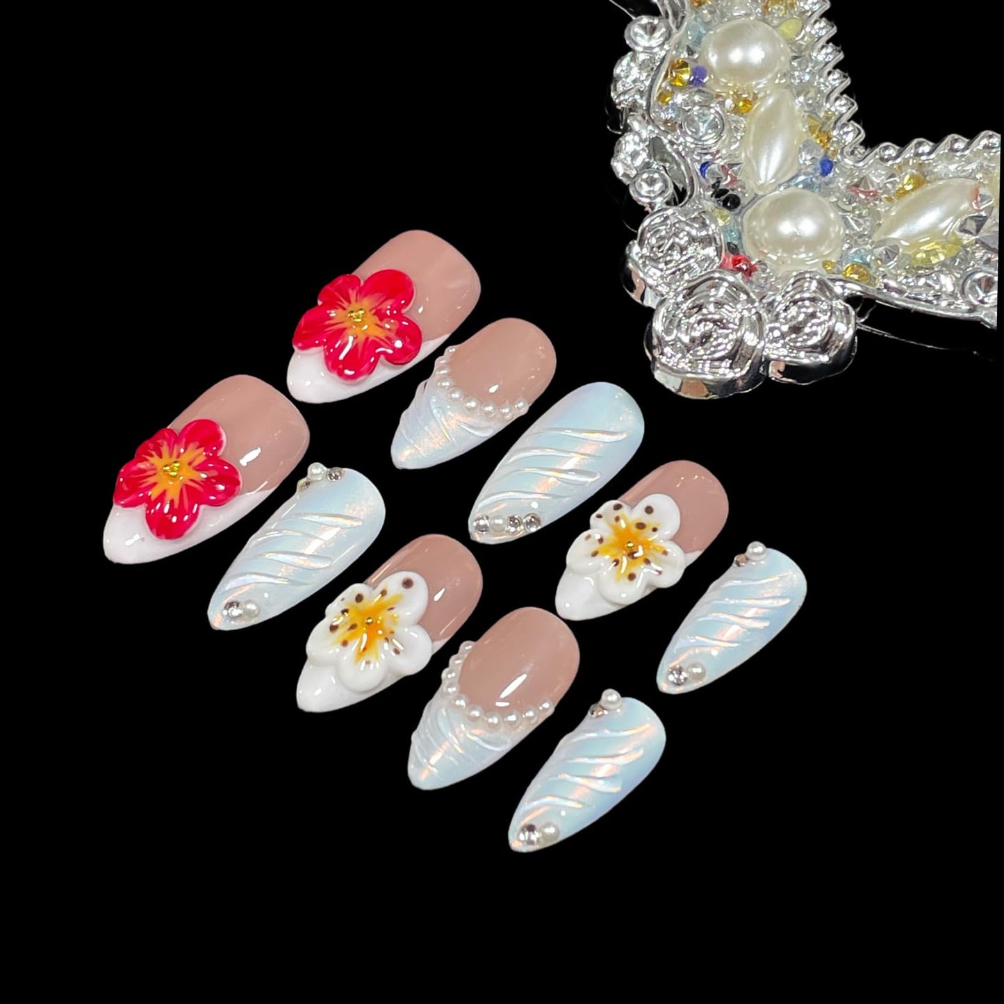 Handmade Press on Nails 3D Floral & Pearls - Medium Almond Fake Nails AuroraI White | Red/White Bloom Duo | Reusable Acrylic French Tip False Nails (Opal Flame, L)