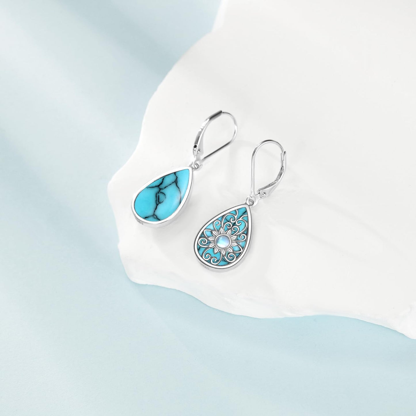 YONFQE Filigree Dangling Earrings Sterling Silver Teardrop Turquoise Drop Dangle Earring Filigree Leverback Gifts for Women