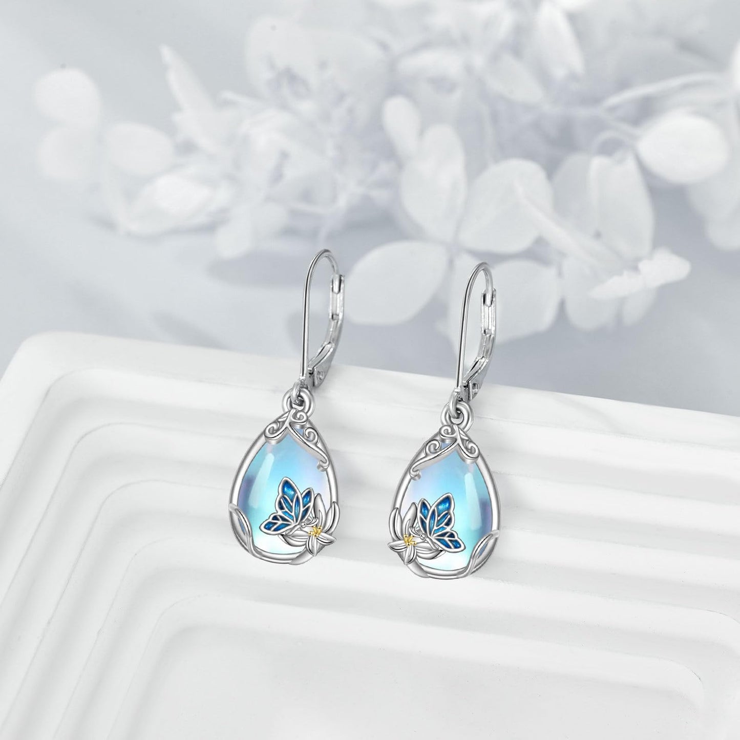 YFN Butterfly Moonstone Earrings Filigree Drop Dangle Earrings 925 Sterling Silver Flower Leverback Teardrop Earrings for Women