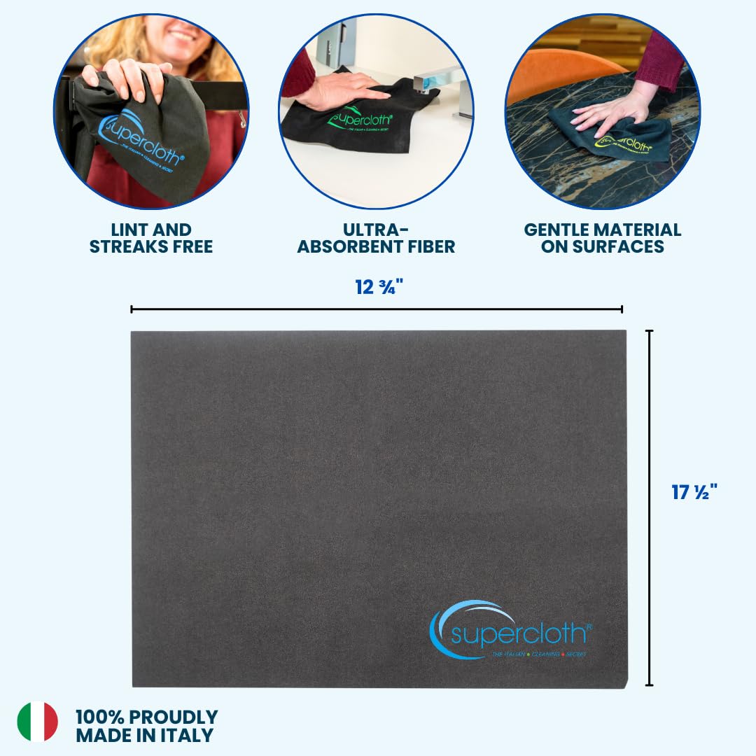 Supercloth® Premium Microfiber Cleaning Cloth for All-Purpose, Lasts Over 5 Years, Glasses Cleaning Cloth, Microfiber Cloth for Cars, Magic Reusable Cloth Streak-Free 100% Made in Italy (2pk)