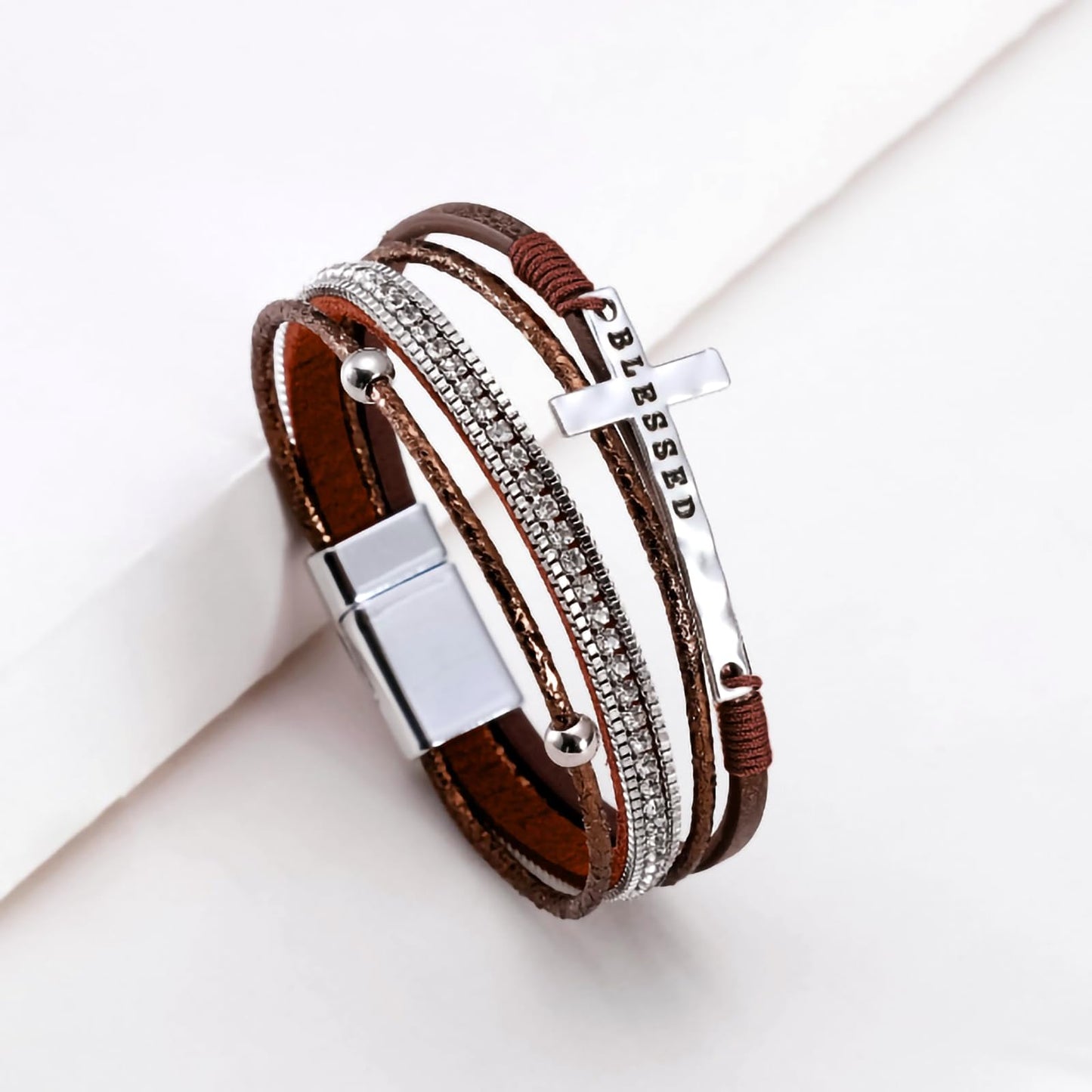 Leopard Bracelet for Women, Boho Leather Wrap Multi-Layer Pearl Crystal Bracelet Bangle Jewelry (Blessed Cross(Brown))