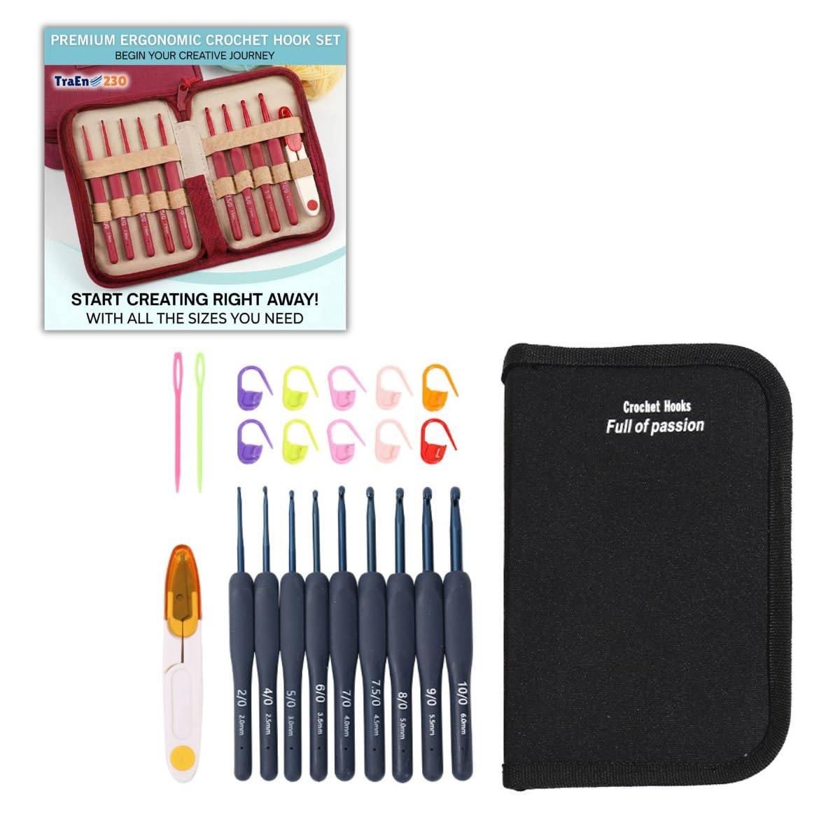 TraEn230 Crochet Hooks Set for Beginners, Ergonomic Soft Grip Crochet Hook Kit with Case, Full Size 2.0mm–6.0mm, Easy Grip Handles, Yarn Needles & Accessories (Black)