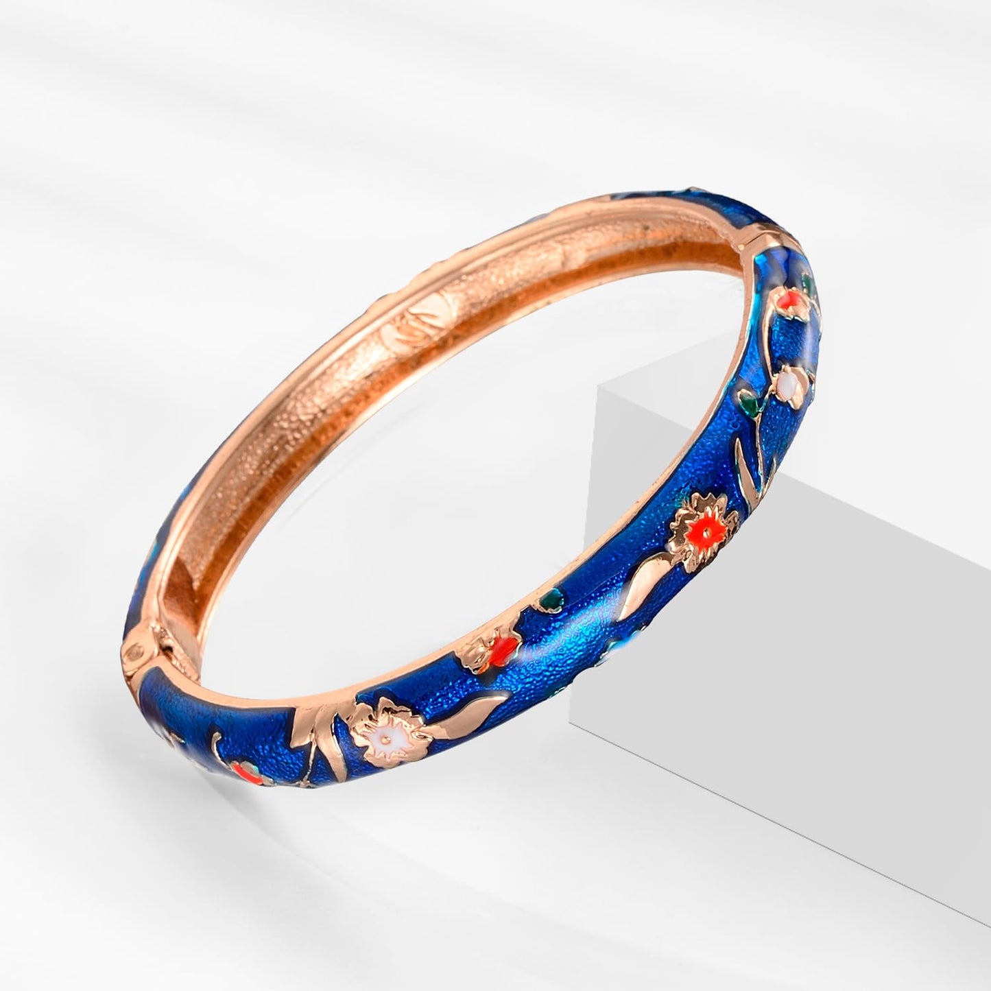 UJOY Handmade Enamel Bracelets Hollowed Filigree Golden Open Spring Hinge Cuff Crystals Bangles Jewelry for Women 88A10-55B31 red Blue