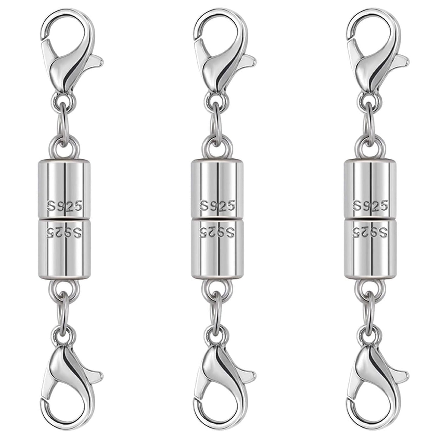 Magnetic Jewelry Clasps, 925 Sterling Silver, Strong Magnetic Closures for Necklaces and Bracelets (3pcs Silvery)