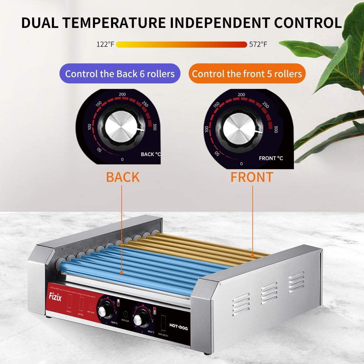 1670W Hot Dog Roller Grill with 11 Rollers, 30 Hot Dog Capacity, Dual Temp Control, Stainless Steel, Dust Cover, LED Light,Commercial & Home Use (Red-Black)