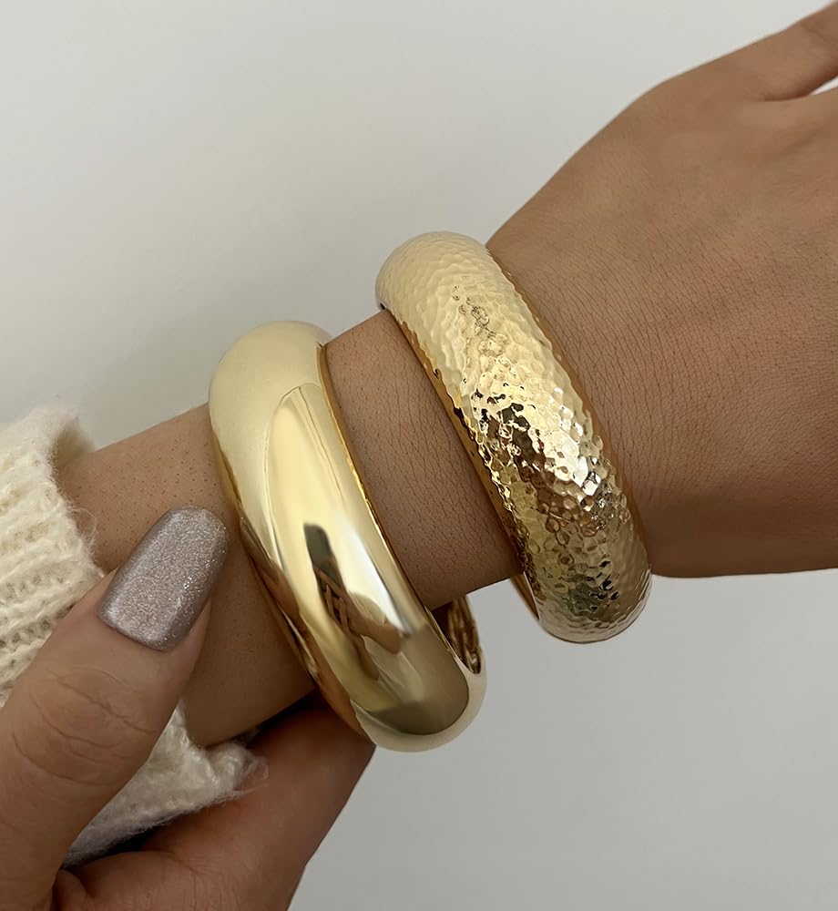 Chunky Gold Bangle Bracelets for Women, Dainty 14k Gold Plated Big Stackable Bangles Set, Trendy Statement Cuff Bracelet Stack Fashion Jewelry Gifts (2 Chunky bangles)