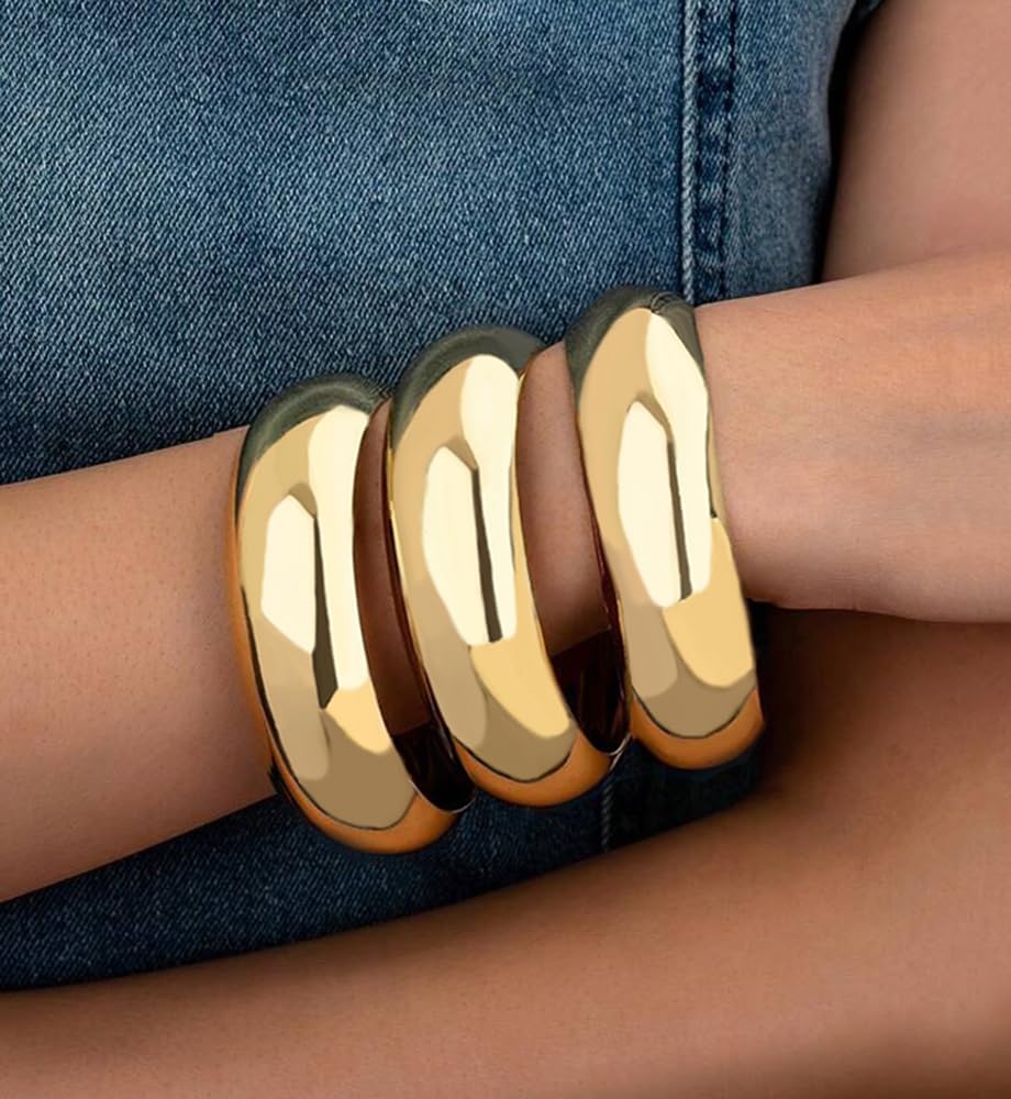 3PCS Chunky Gold Bangle Bracelets for Women, Dainty 14k Gold Plated Big Stackable Bangles Set, Trendy Cuff Bracelet Stack Fashion Jewelry Gifts