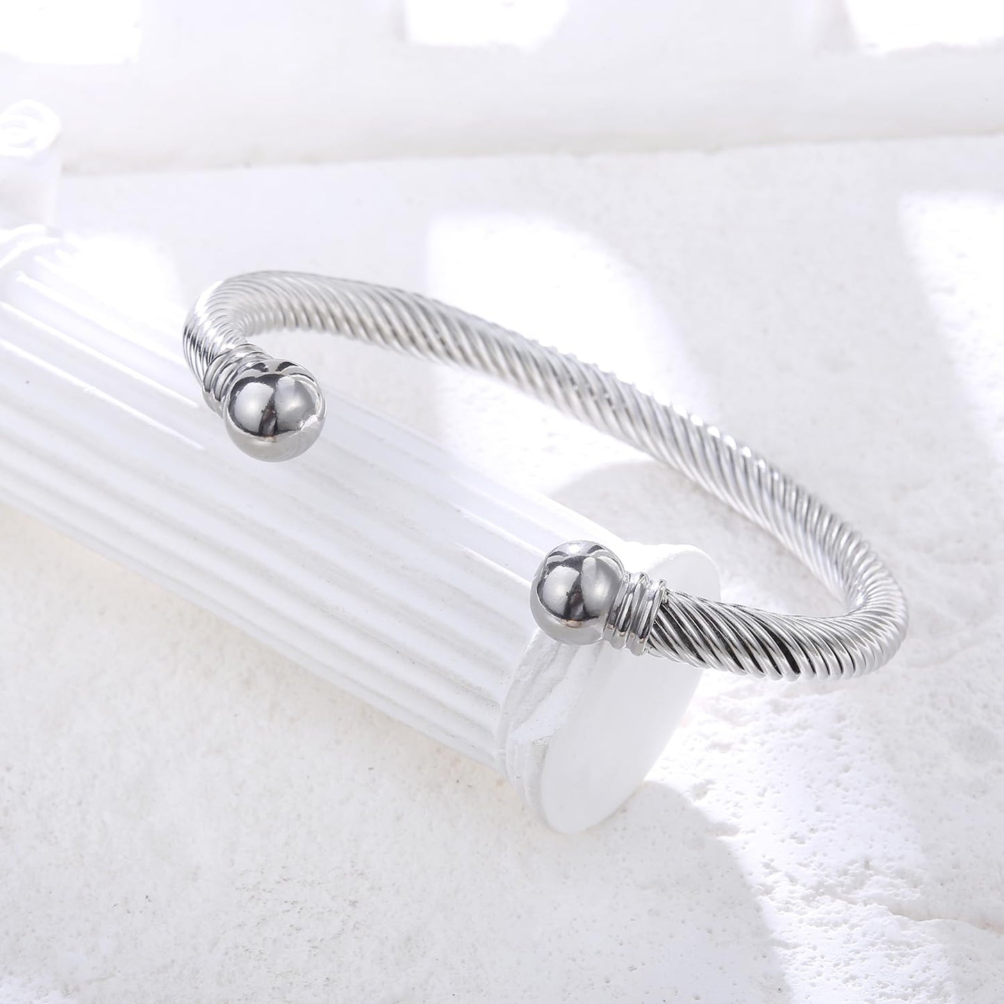 Adjustable C-Shape Open Cuff Bangle, Twisted Cable Bracelet for Men & Women, Chic Stainless Steel Unisex Jewelry Gift for Him Her, Unique Anniversary Present (Silver)