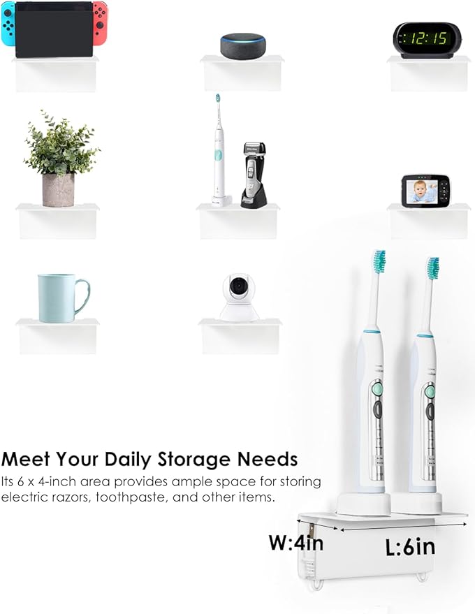 Acrylic Electric Toothbrush Holder for Bathroom, Wall Mounted Electric Toothbrush Holder with Hidden Cable Management, Space-Saving and Convenient for Charging -White-2P