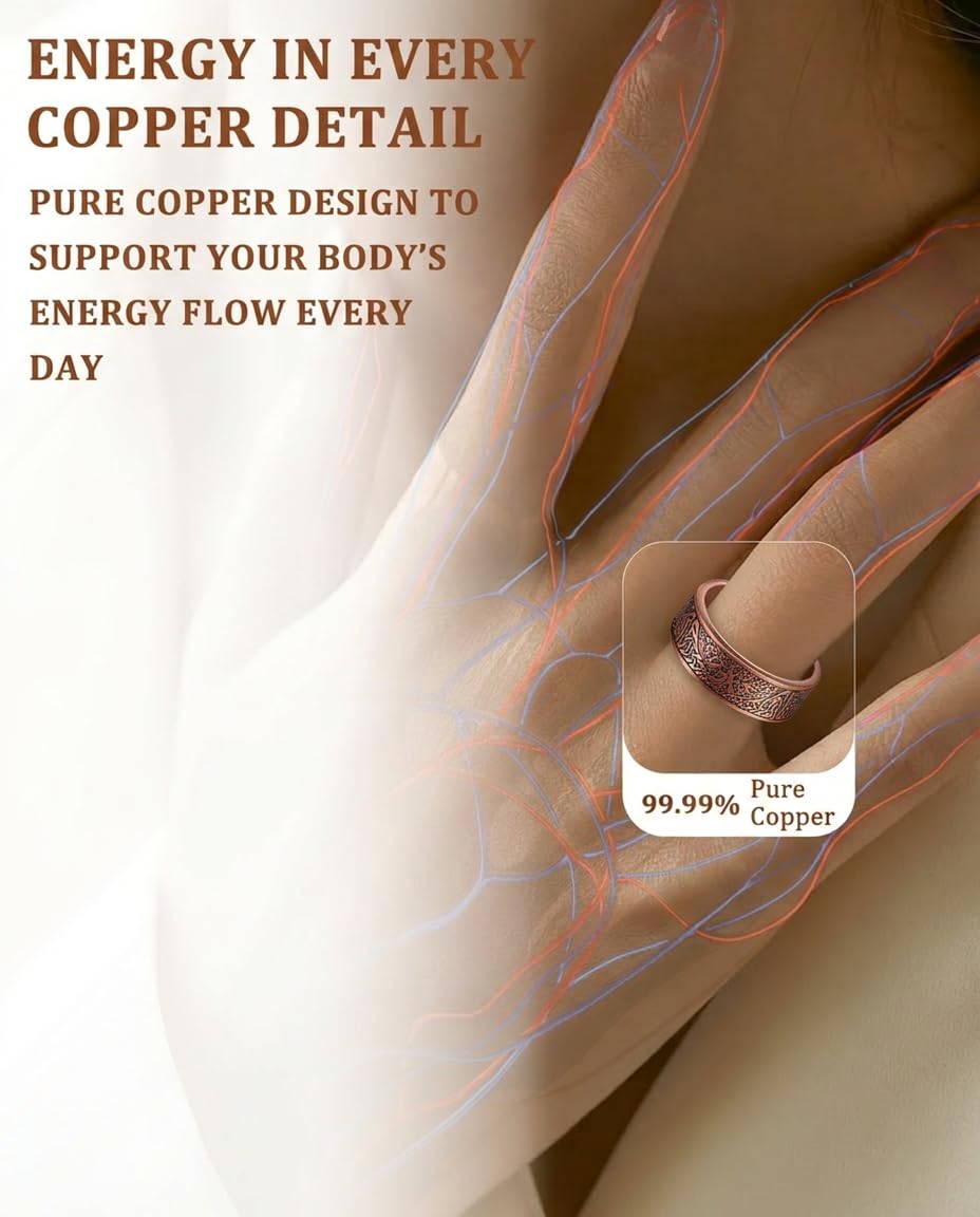 Fashtour 100% Pure Copper Rings for Women & Men (Two-Pack) — Solid Raw Copper — Uncoated Handmade Adjustable Open-End Tibetan Style Rings (Tree of Life)