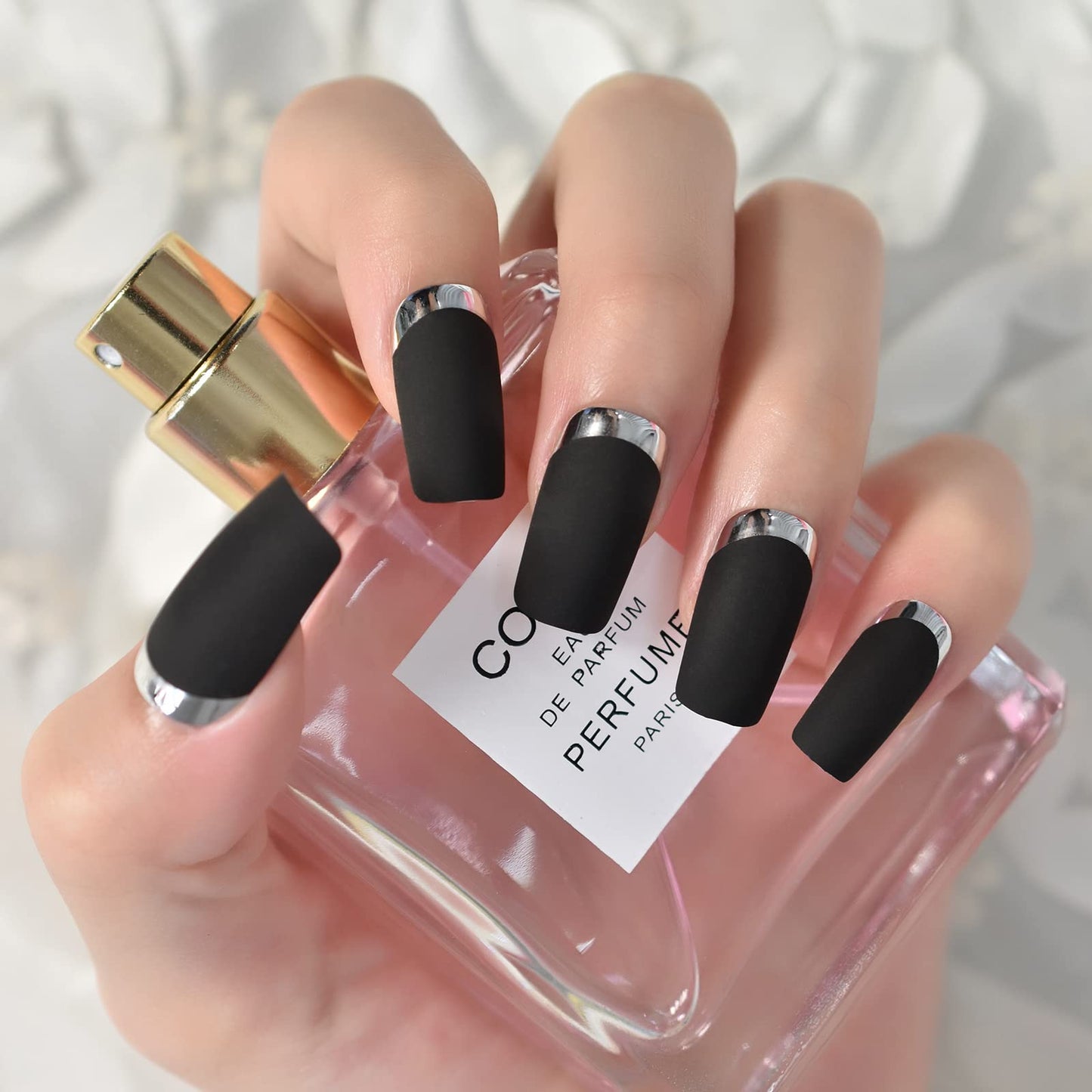 iMABC Matte Black Silver Metallic French Press On Nails Medium Length Square False Women Girls Nail Art Reusable Fingernails Datechable Acrylic Manicure For Daily Dating Office Home Party (24pcs)