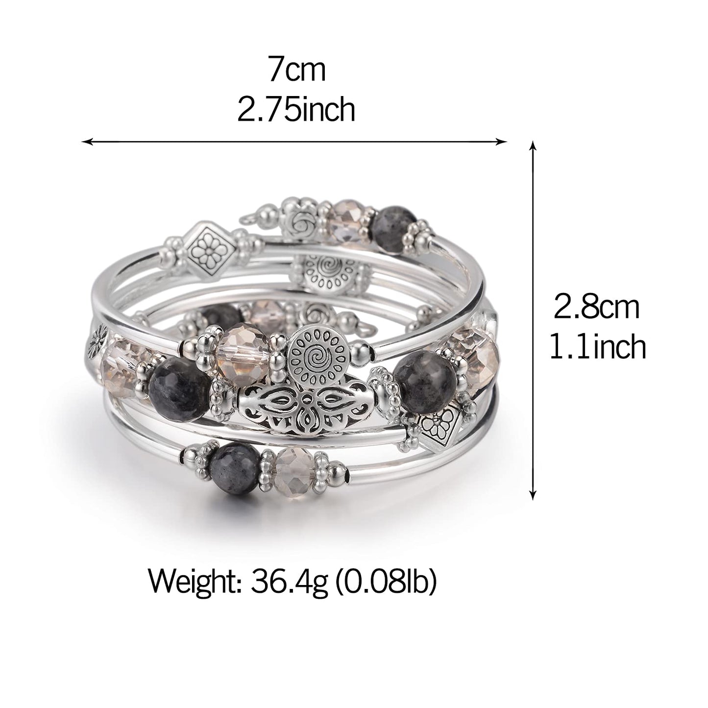 FULU AUTUMN Stackable Beaded Bracelets for Women Boho Wrap Silver Bracelet Layered Fashion Jewelry Gifts for Her(Grey)