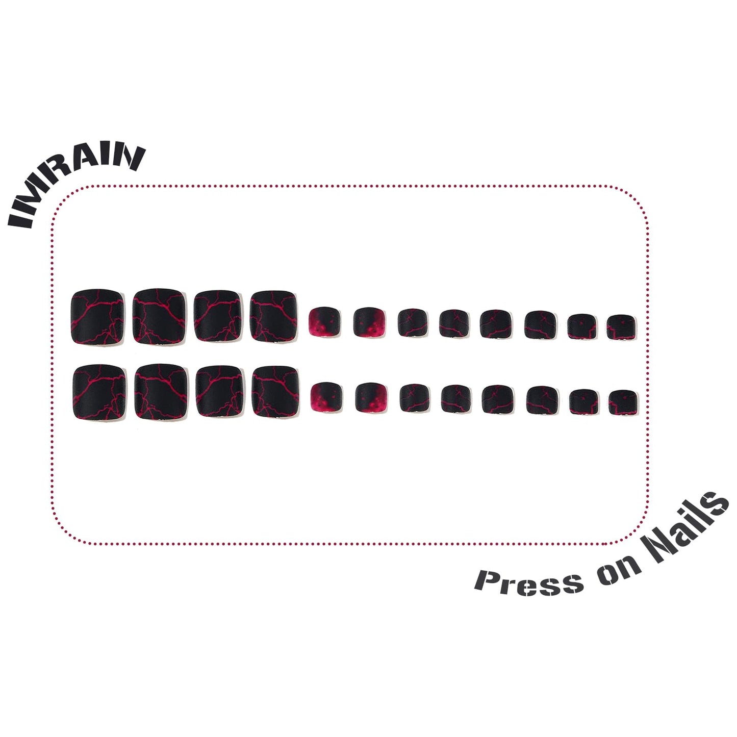 IMRAIN Press on Toe Nails Short Square Fake Toenails Full Cover Black Matte Acrylic False Toe Nails with Red Lightning Designs Glue on Toenails Y2K Toe Nail Supplies 24Pcs
