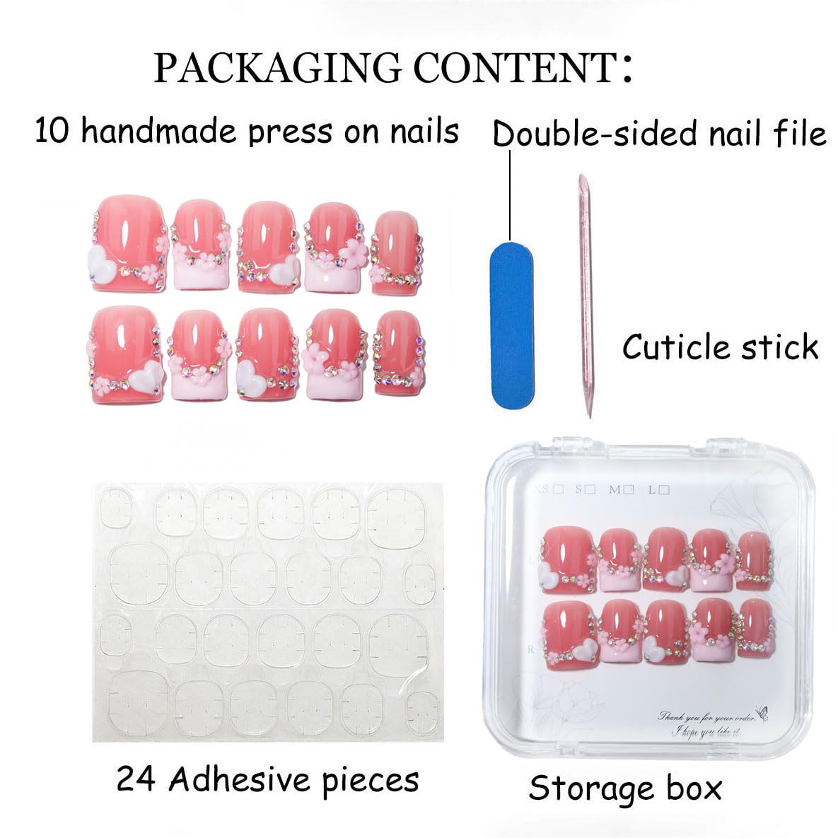 10Pcs Short Square Handmade Press On Nails | Easy Apply & Remove, Reusable Salon Quality Nails | Sweet Blush Pink Fake Nails with 3D Heart, Floral & Rhinestone Accents (O904, S)