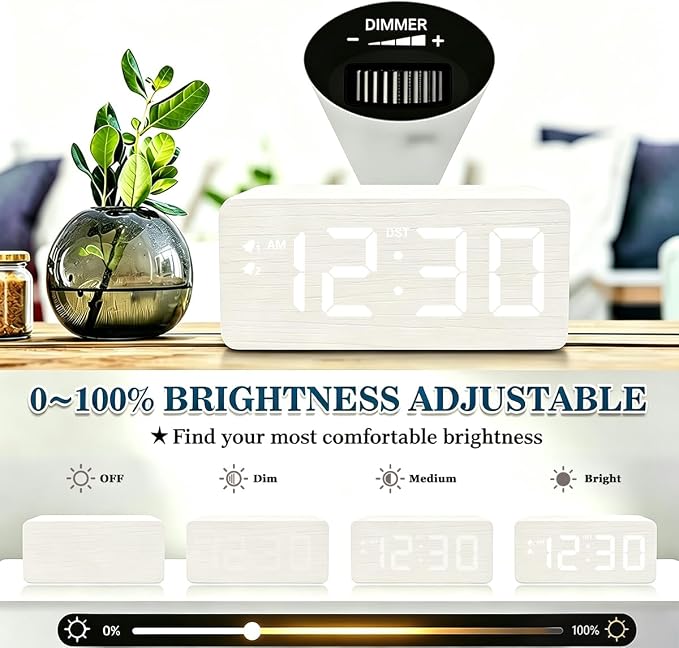 URAYCO Wooden Digital Alarm Clock, 10W Fast Wireless Charger Station & 2 USB Charging Ports, with 0~99% Dimmer, Dual Alarm, Weekday/Weekend Mode, Wood LED Clock for Bedroom, Desk, Office