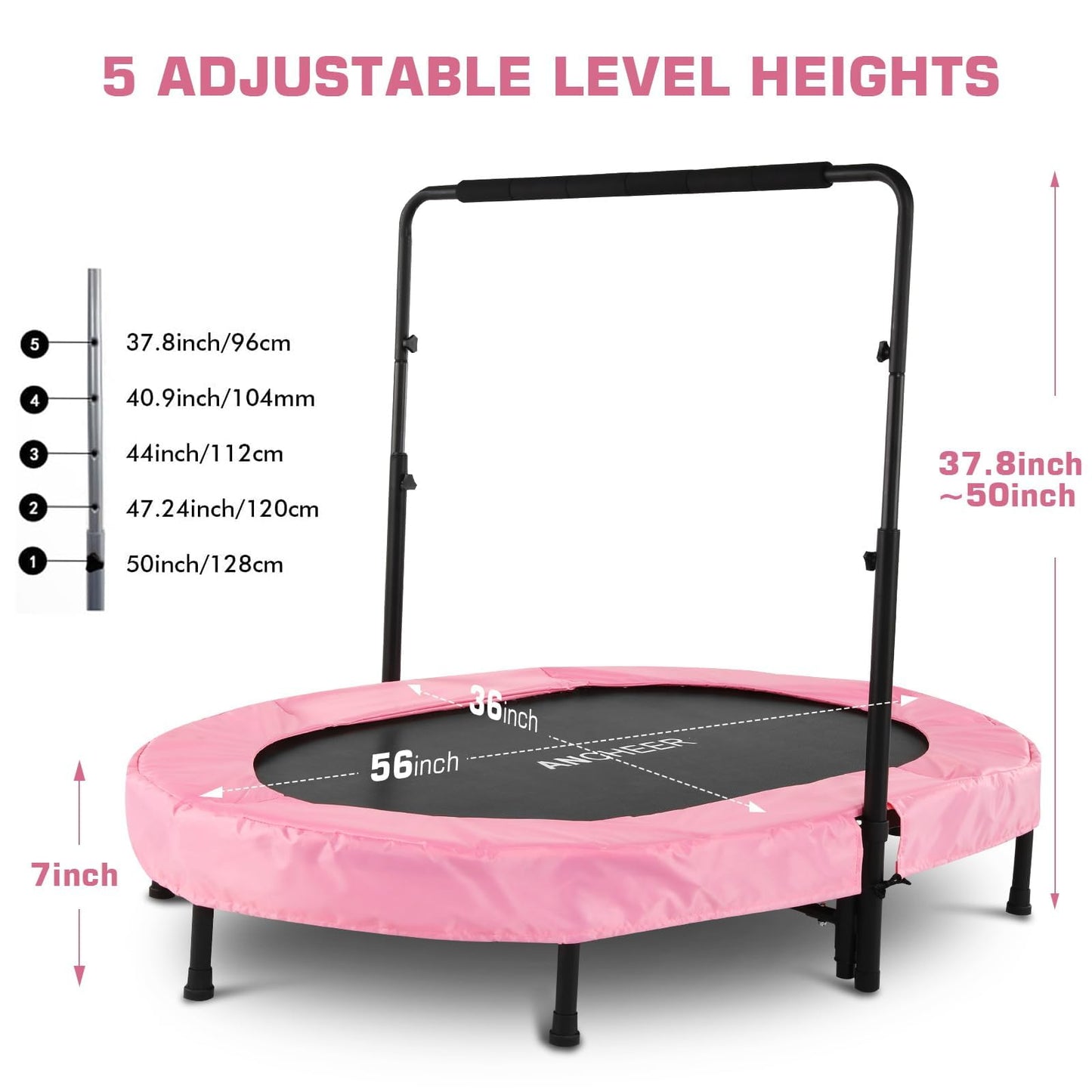 ANCHEER Trampoline for Kids, 56" Double Toddler Trampoline with Adjustable Handlebar, 220LBS Weight Capacity - Indoor/Outdoor Foldable Jumper for 2+ Users (ASTM Certified)