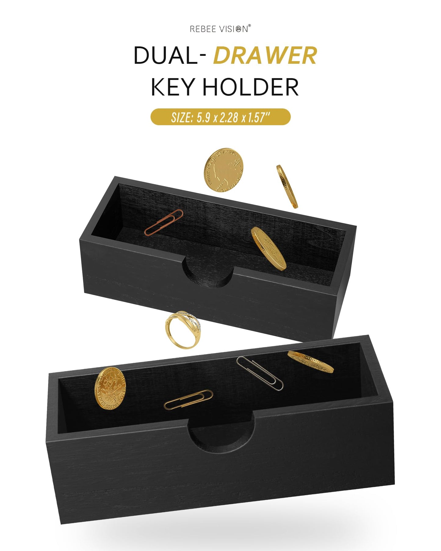 Rebee Vision Decorative Key Holder Wall Mount with 2 Drawer Organizer - Modern Mail Organizer with 6 Key Hooks & Shelf - Home Decor Aesthetic for Apartment Essentials (Black)