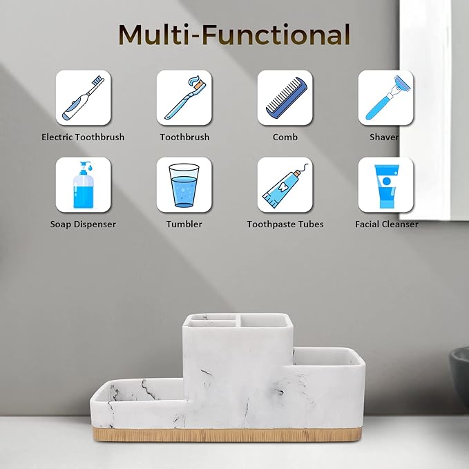 Toothbrush Holder for Bathrooms, Bathroom Organizer Countertop, Rectangle 5 Compartment Bathroom Accessories Storage for Toothpaste/Shaver and Other Items,White Resin of Marble Color (White)