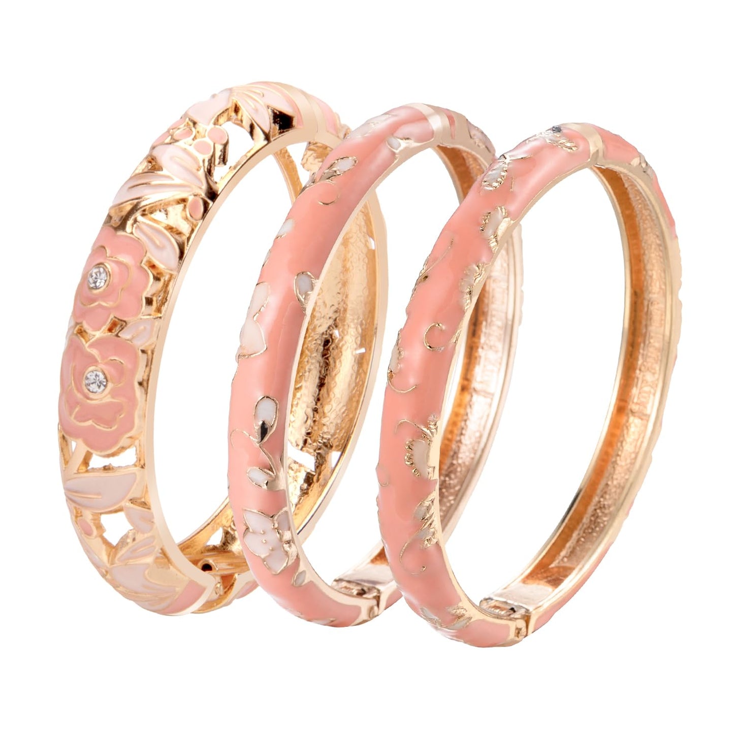 UJOY Vintage Jewelry Cloisonne Handcrafted Enameled Gorgeous Rhinestone Rose Hinged Cuff Bracelet Bangles Gifts 88A10-3PCS Pink