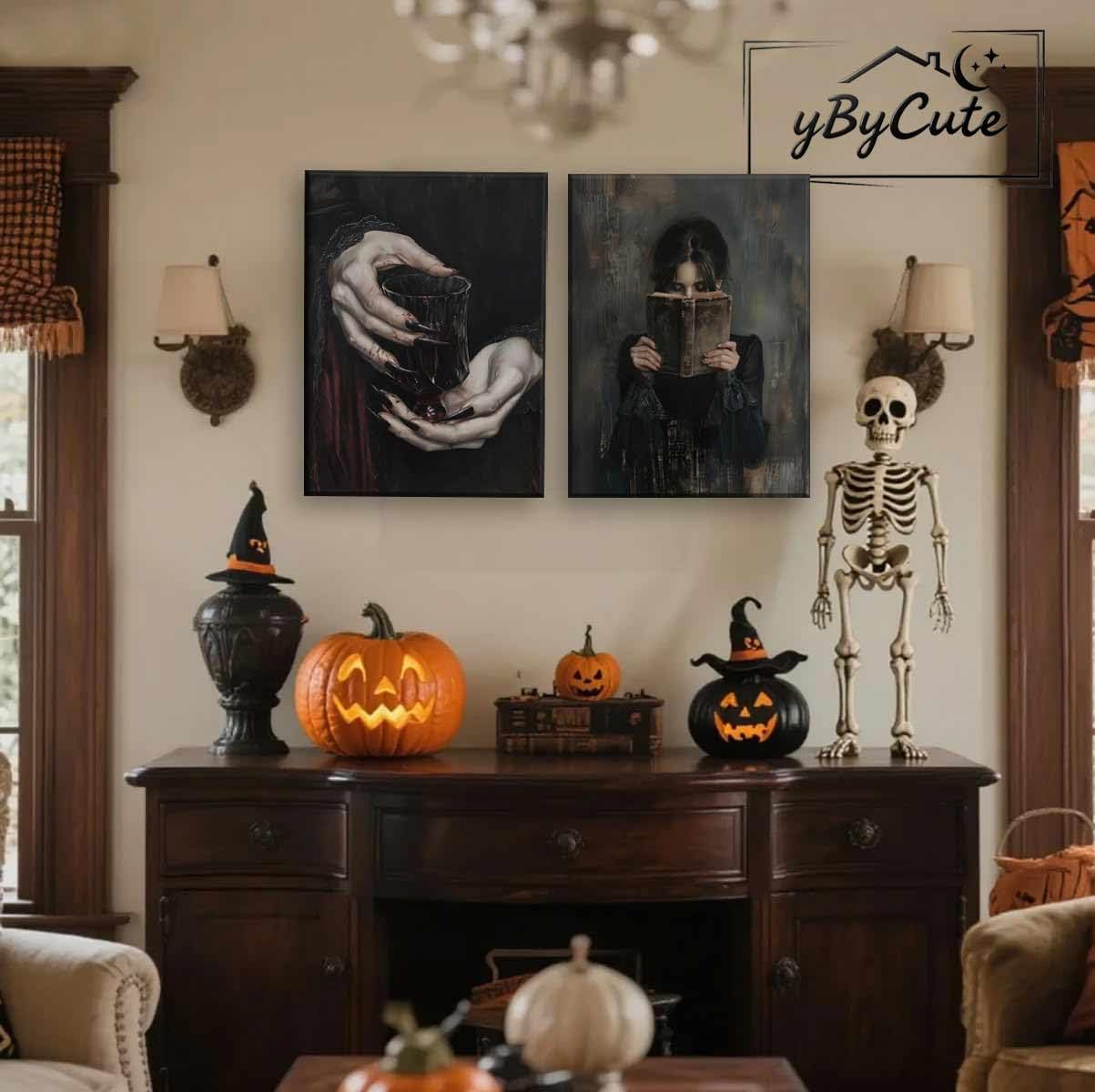 2 Pieces Gothic Posters Wall Art Dark Academy Vampire Pictures Victorian Woman Reading Magic Book Canvas Claw Hand Dracula Prints Moody Girl Witch Ghost Paintings Bedroom Library Classroom Office Home Decor 12x16 Inch Unframed