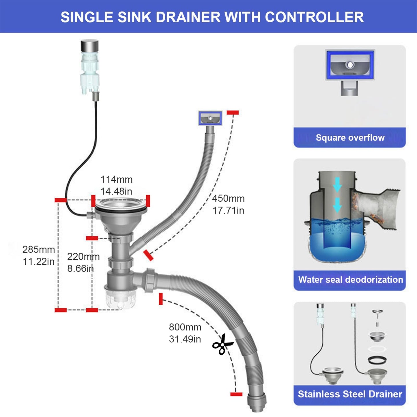QruiLanTu 4 1/2'' Kitchen Sink Drain Assembly with Push Button Control,Stainless Steel Basket Strainer Kit with Overflow, Flexible Drain Hose for kitchens and bathrooms
