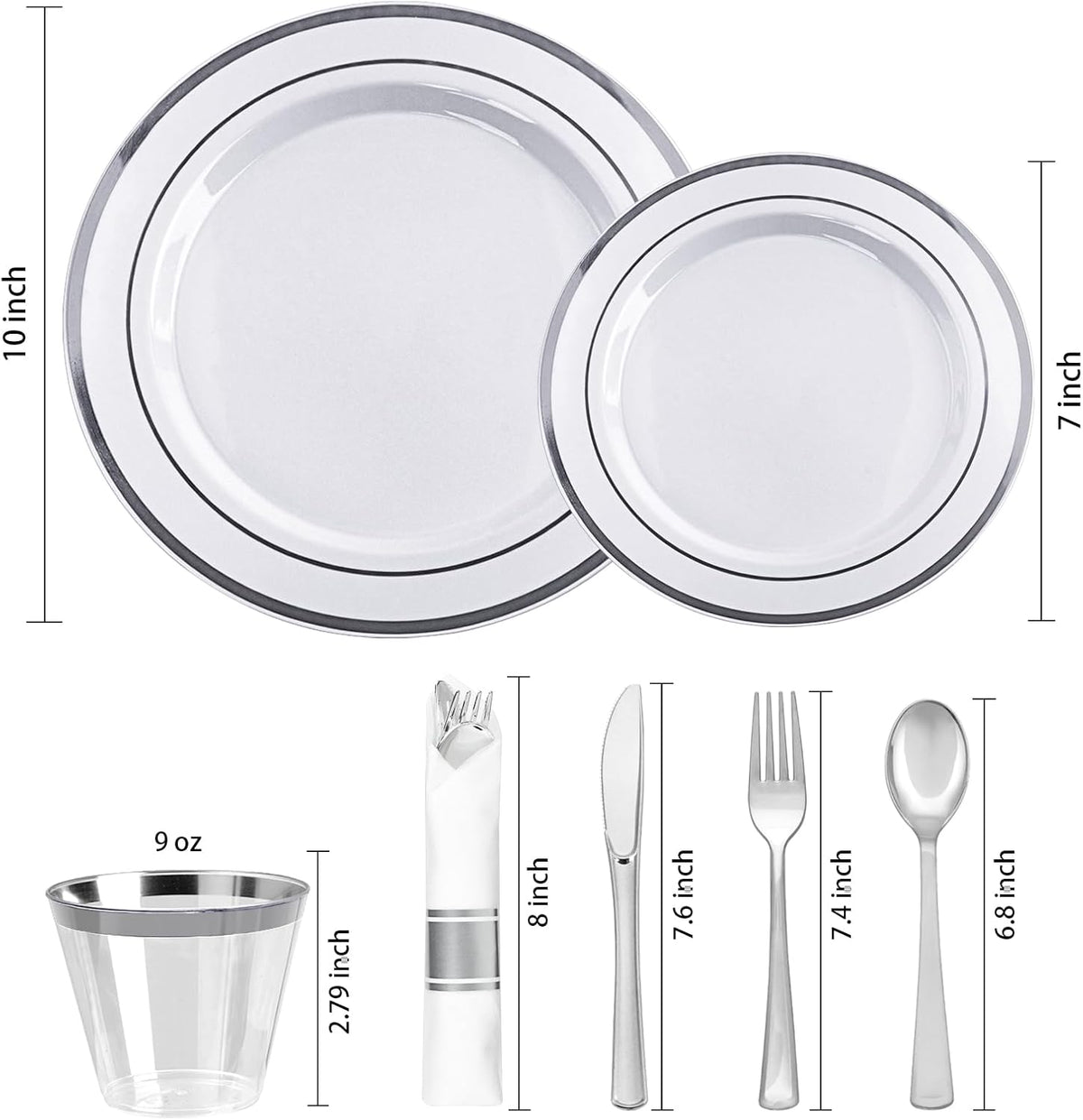 350 PCS White and Silver Plastic Dinnerware Set for 50 Guests, 100 Disposable Plates for Party, 50 Pre Rolled Napkins with Silver Silverware, 50 Cups