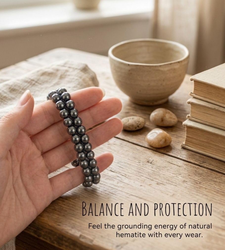 TUBIANCA Magnetic Hematite Bracelet – Strong Magnetic Beaded Bracelet for Men & Women – Adjustable Double Layer Stone Bracelet (8mm Beads, Black)