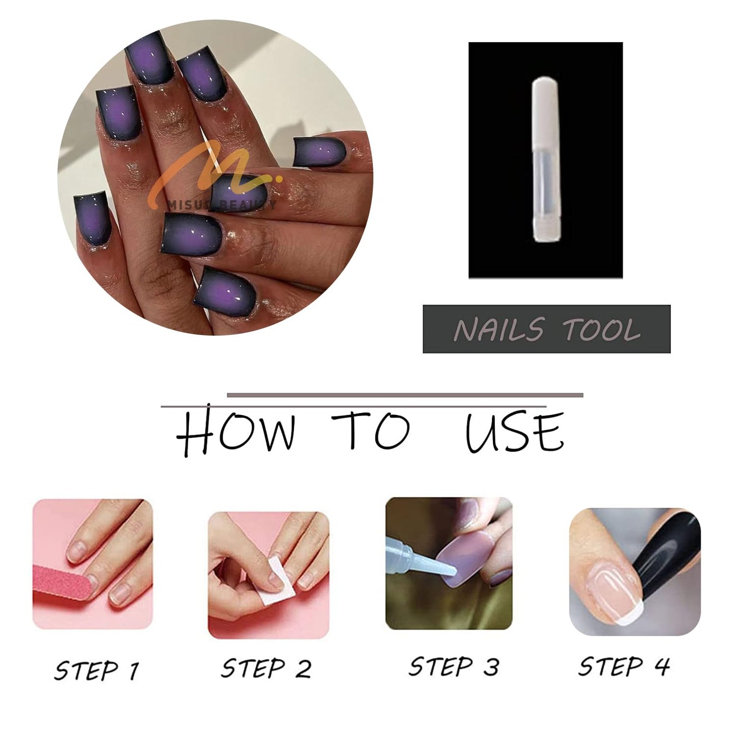 MISUD Press on Nails - Short Square Fake Nails with Goth Ombre, Acrylic Black Purple Design 24 pcs