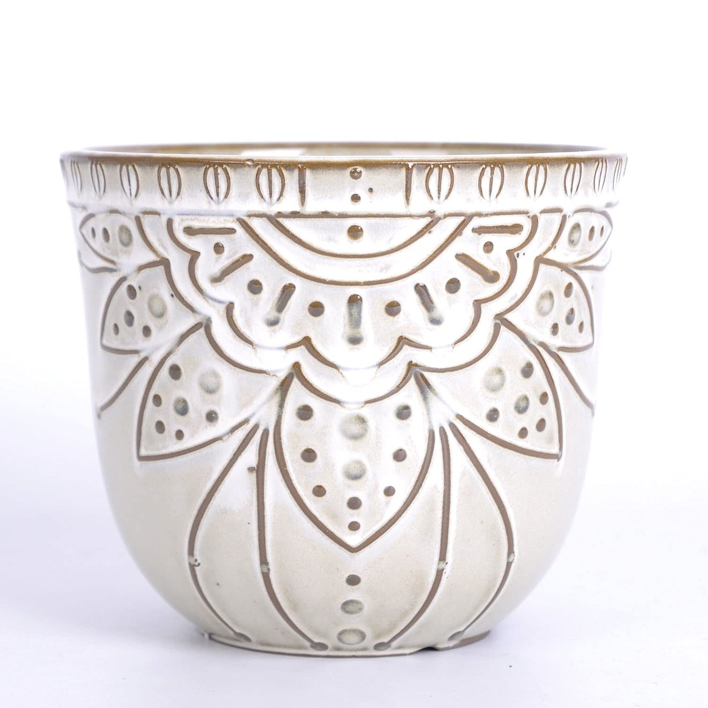 VanEnjoy 5.9 inch Round Bohemian Style Ceramic Planter, Geometry Engrave Off White Brown Planter Flower Pot, Indoor Outdoor Decorative Planter