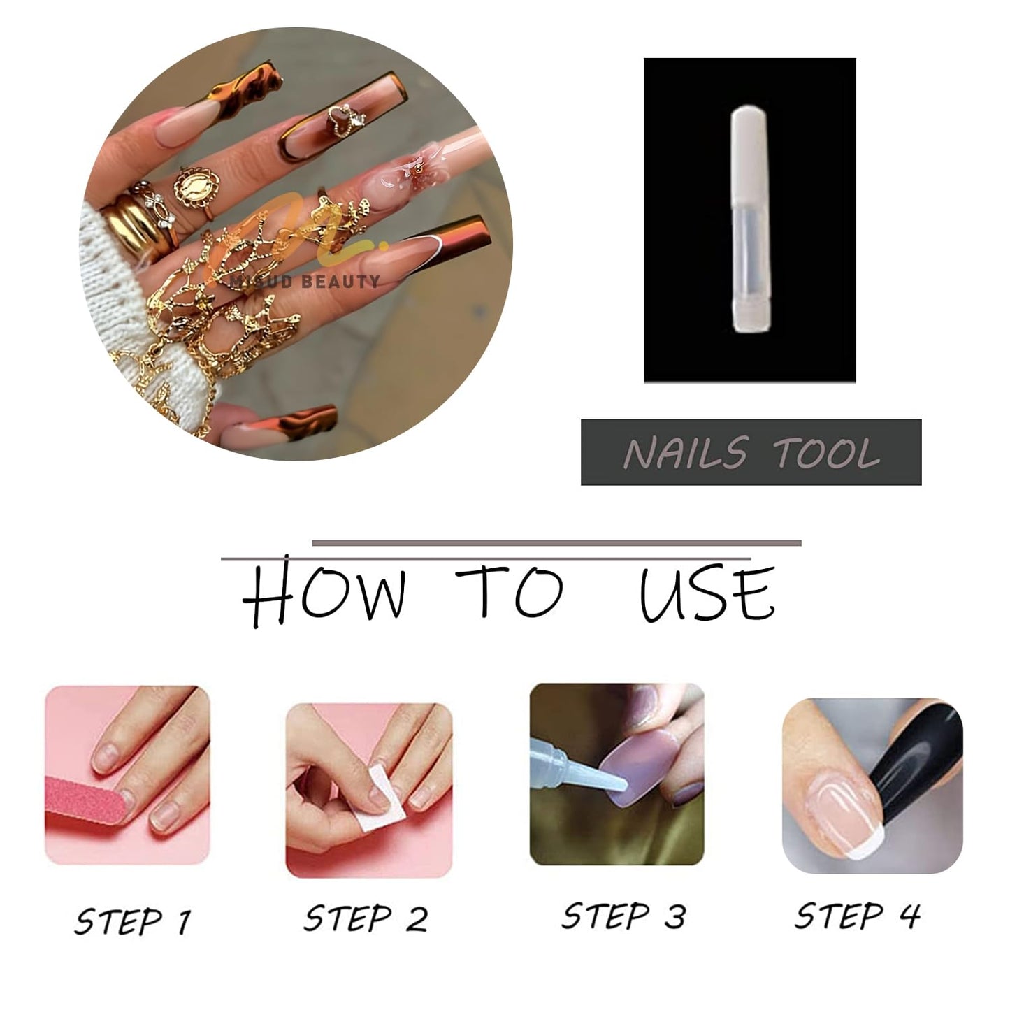 MISUD Press on Nails - Long Square Fake Nails with Brown Chrome, Acrylic French Tip Design 24 pcs