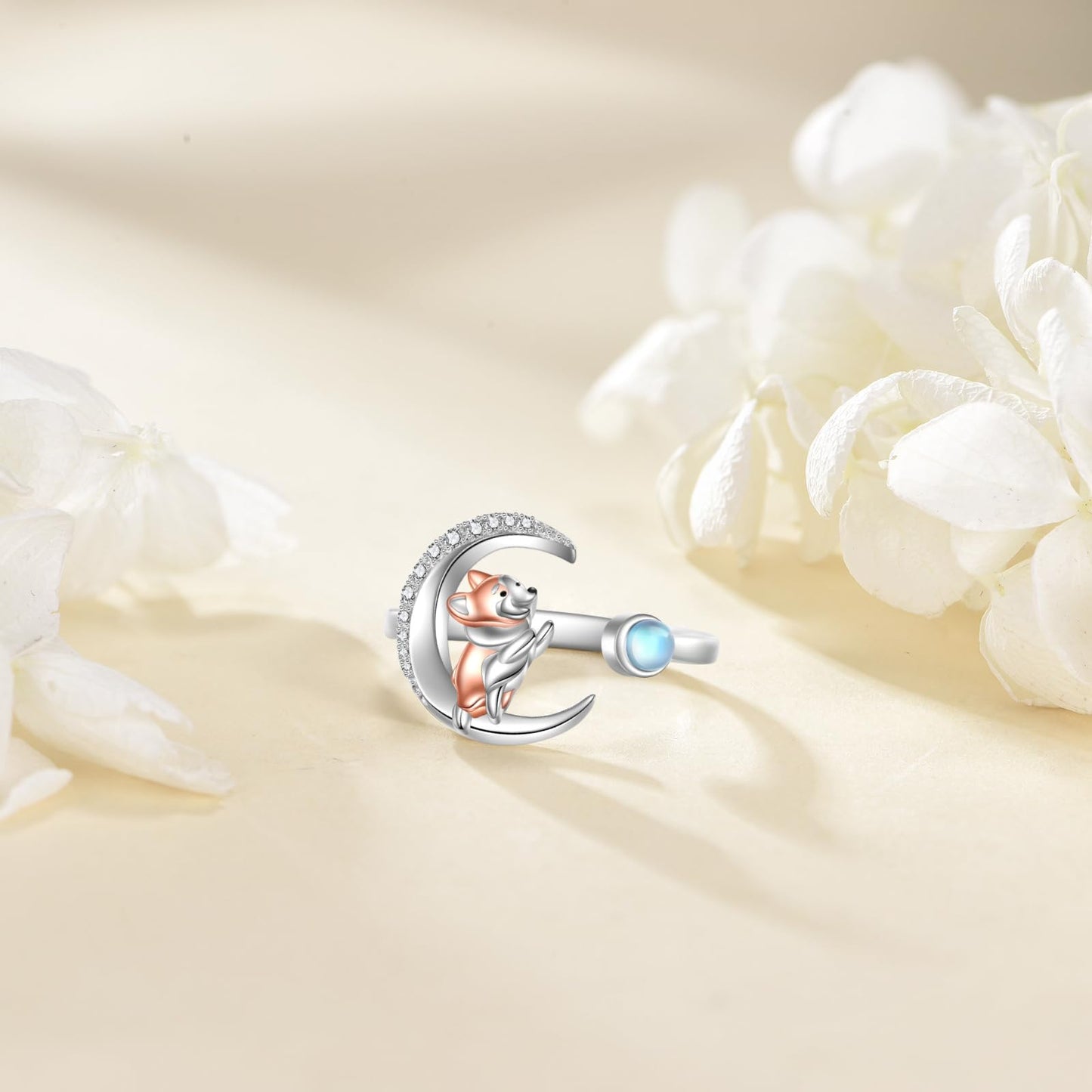 JBAERD Corgi Ring Sterling Silver Adjustable Dog Moonstone Ring Corgi Jewelry Gifts for Lover