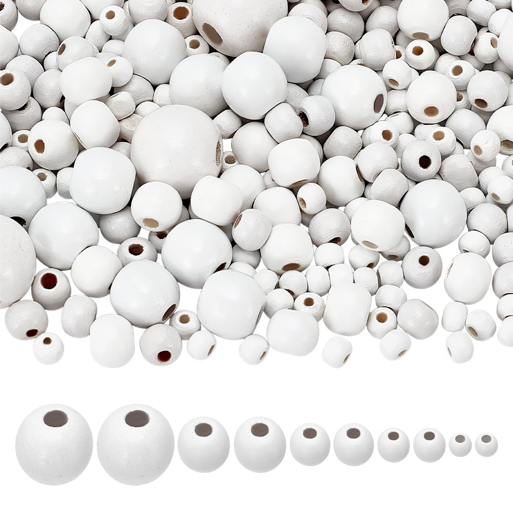 PandaHall 805pcs 6 Sizes White Wood Beads, 6/8/10/14/16/20mm Round Wood Beads Macrame Beads Loose Beads for Bracelet Jewelry Crafts Making