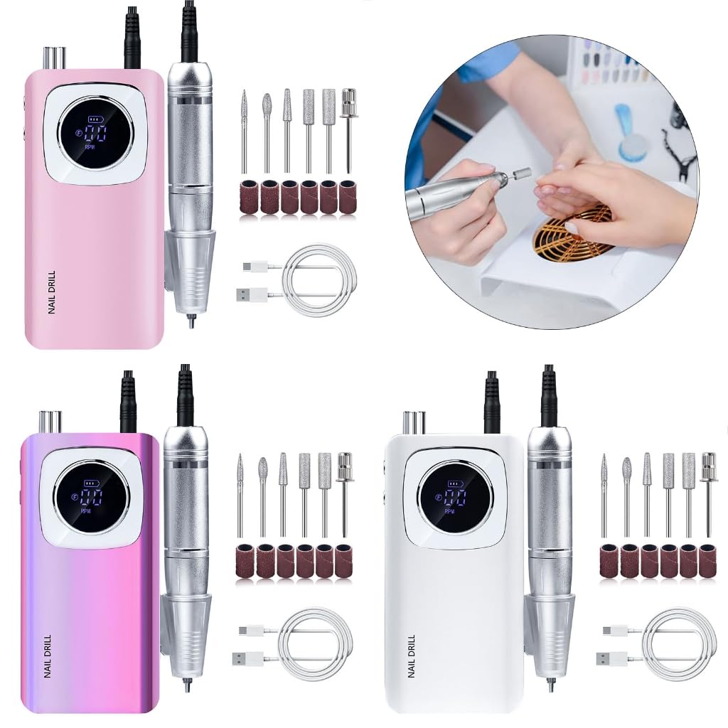 URTERYSER Nail Drill Machine, Electric Files Rechargeable Drill 45000RPM Drill Machine for Acrylic and Gels Nails Electric Manicures (Pink)