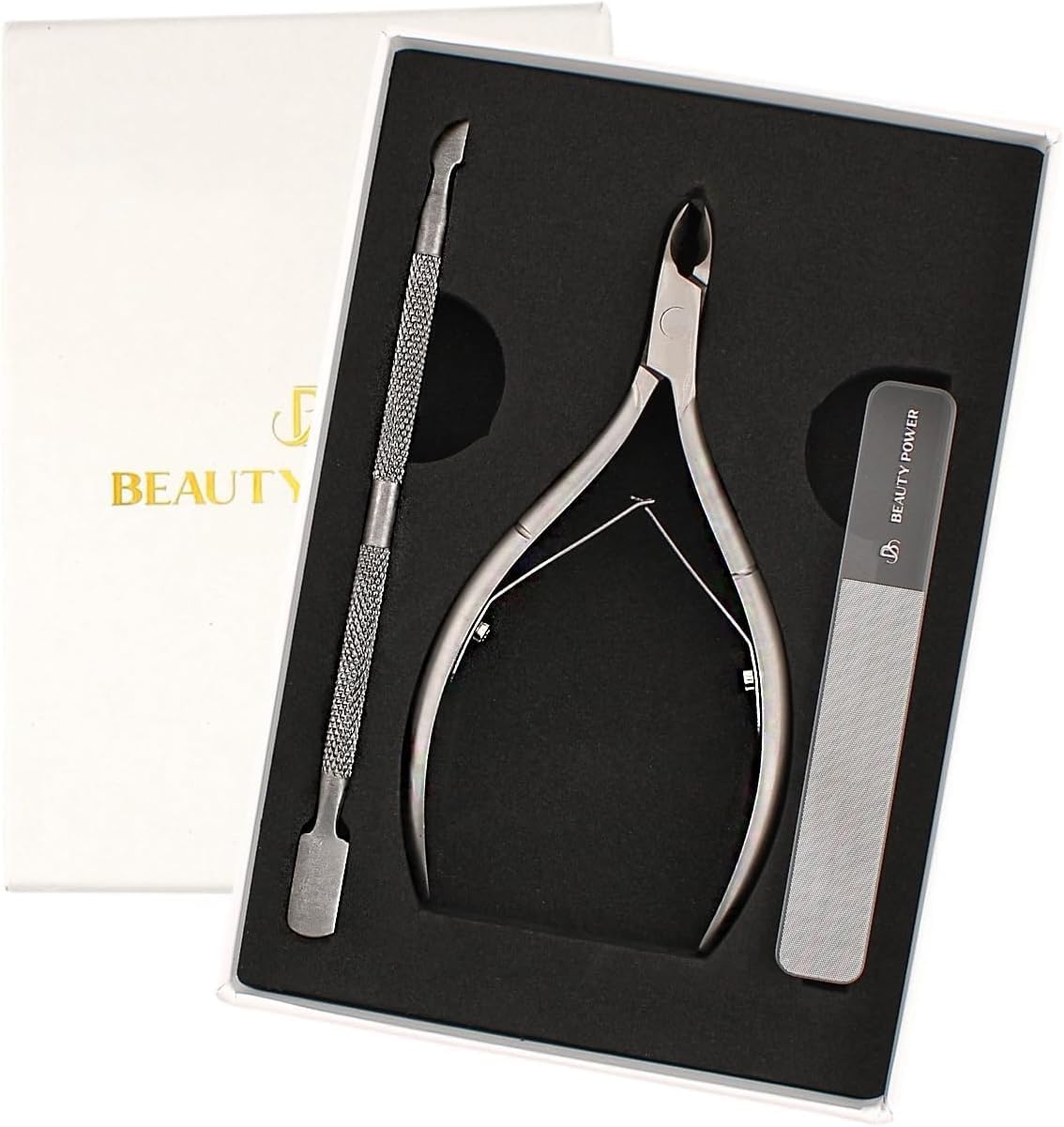 Beauty Power Cuticle Trimmer with Cuticle Pusher & Nano Nail File - Cuticle Nipper Cuticle Remover - Professional Stainless Steel Clippers Pedicure Manicure Tools for Fingernails - Gift Idea