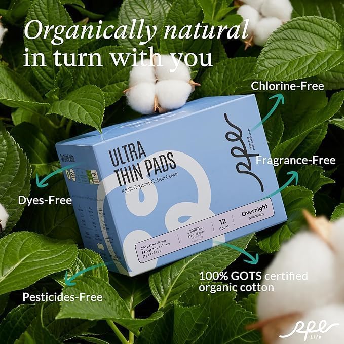 100% Organic Overnight Pads for Women, Ultra Thin Extra Heavy Flow Sanitary Pads with Wings Cotton Menstrual Pad Extra Coverage Period Pad Super Absorbency Feminine (Overnight, Size 5, 12 Ct)