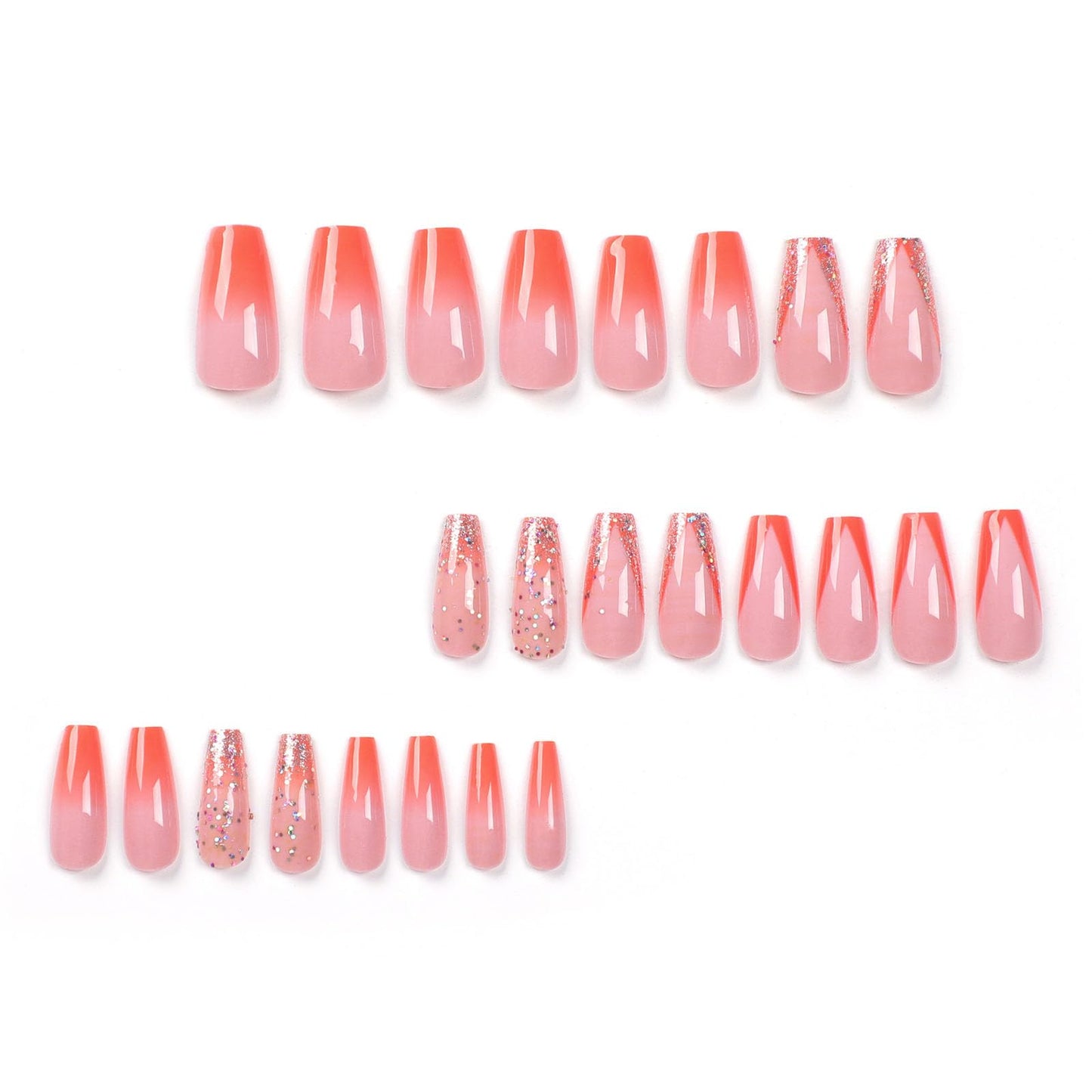 Coffin Press on Nails Medium Light Pink Fake Nails with Glue Orange Gradient Glitter Designs French Glue on Nails Medium Length Pink Full Cover Acrylic False Nails for Women 24 Pcs