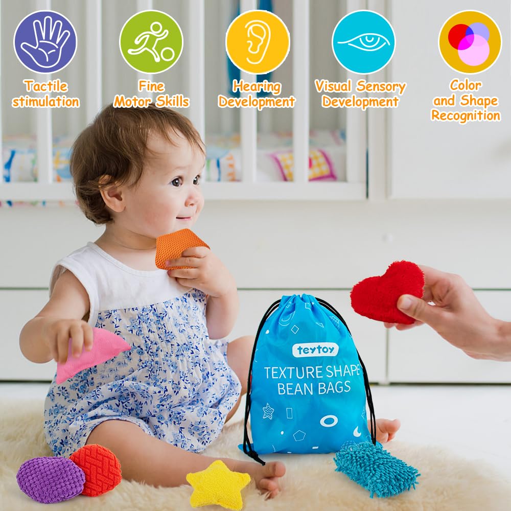 teytoy Texture Sensory Bean Bags Toys for Autism, 12 Fidget Sensory Shape Toy with Storage Bag, Develop Fine Motor Play for Baby Special Needs Developmental Toys for Infant Newborn