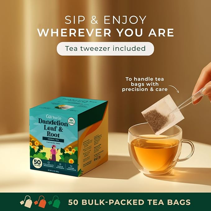 Gya Tea Co Dandelion Leaf & Root Herbal Tea Bags (50 Bags) - Caffeine Free with a Tangy Flavor for All Day Comfort, Calming, Relaxing & Nourishing - Fruit & Herbal Blends