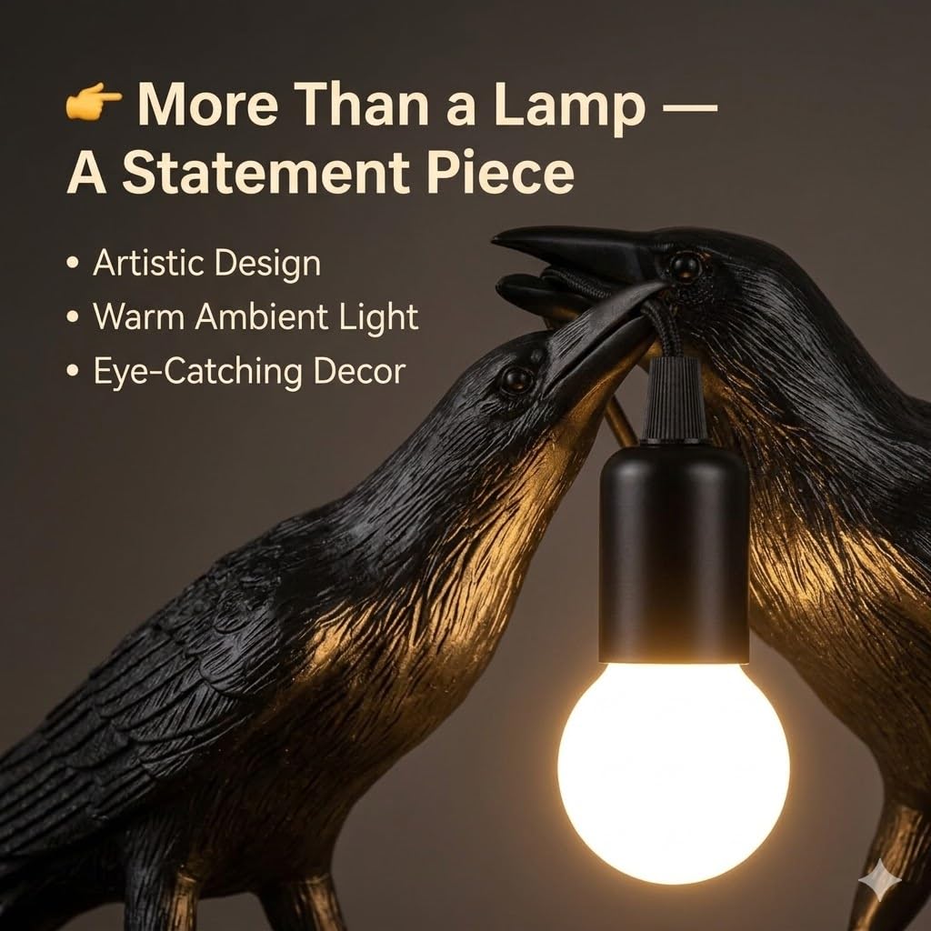 Shandaglo Raven Lamp Gothic Decor, Black Crow Table Lamp with LED Bulb, Unique Dark Aesthetic Night Light for Bedroom Desk, Halloween Home Decoration Gift